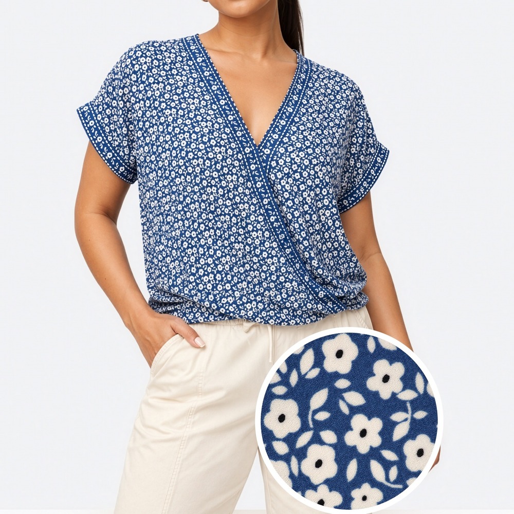 Max Studio Faux Wrap Floral Blue Cream Blouse Top M/L Coastal Boho Chic